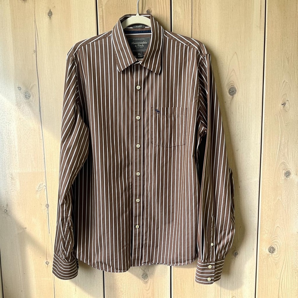 Vintage Abercrombie & Fitch Shirt Men's XL Brown White Stripes 100% Cotton Moose